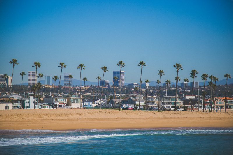 View from over the water towards the land in Laguna Beach in California.