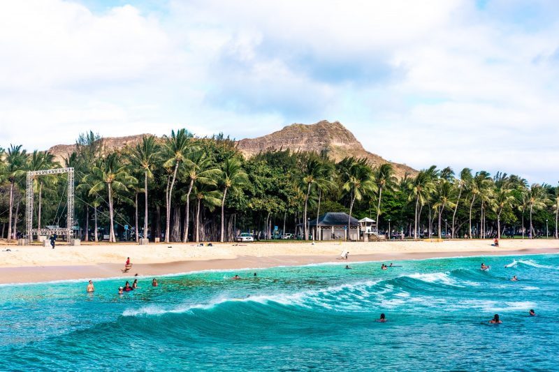 beautiful turquoise water with rolling waves crashing on the shore with palm trees.